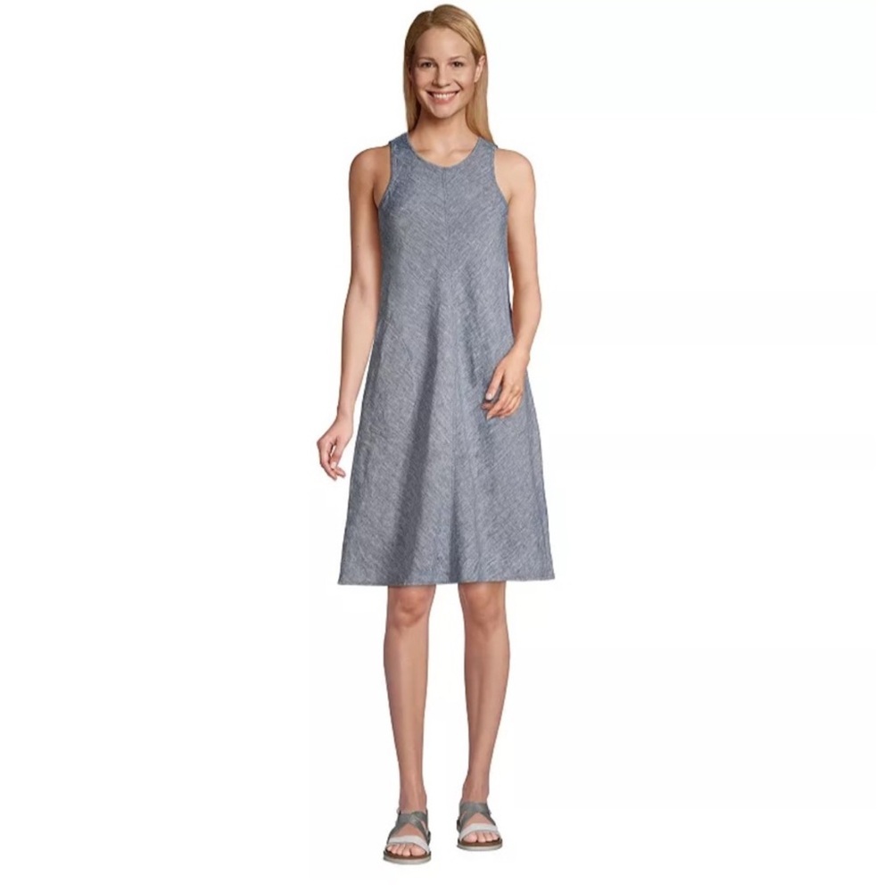 Lands End Women 100% Linen Mini Swing Dress Large Blue Summer Sleeveless Coastal